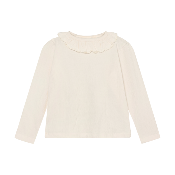 Valge pikkade varrukatega tüdrukute t-särk volangiga.